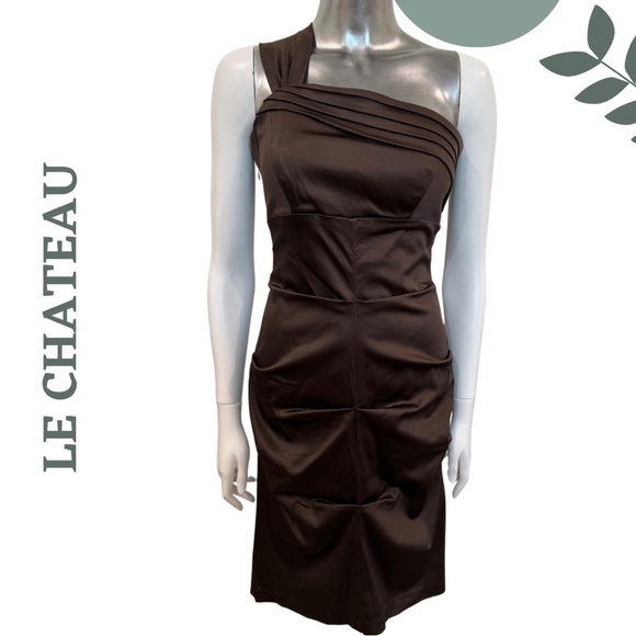 Le Château Chocolate Brown One-Shoulder Satin Lined Cocktail Dress - Size Small - Picture 1 of 7